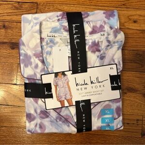 Nicole Miller Soft Jersey Short Pajama Set Purple and Blue Watercolor Floral